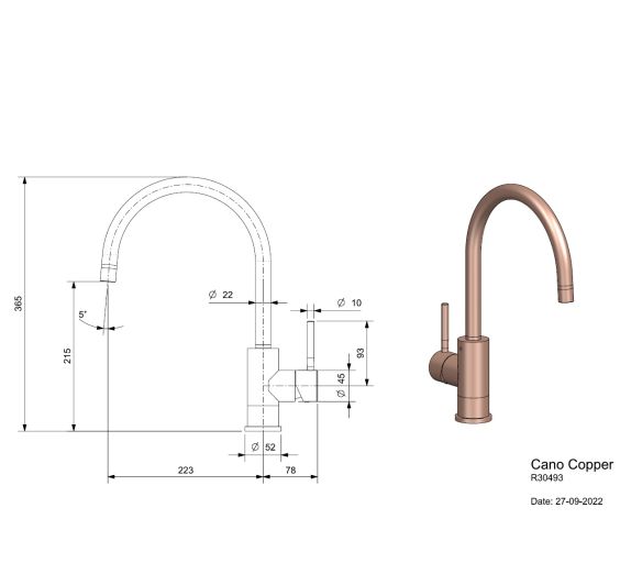 Reginox Cano Copper Afmetingen