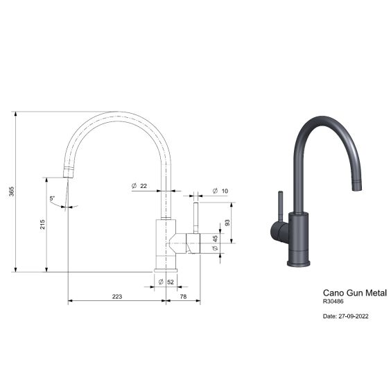Reginox Cano Gunmetal Afmetingen