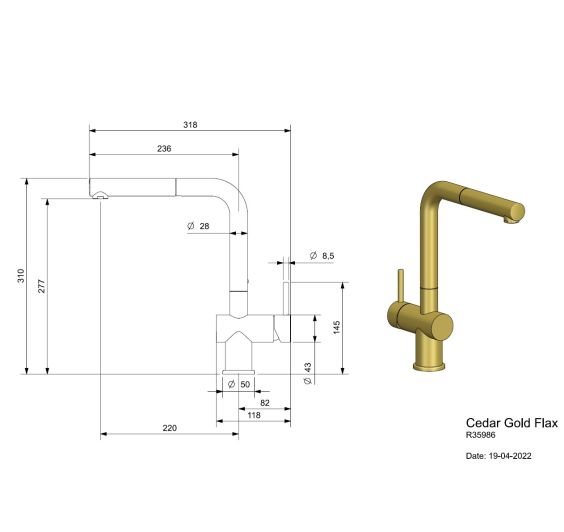Reginox Cedar Gold Flax Afmetingen