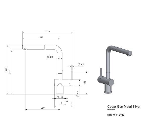 Reginox Cedar Gunmetal Silver Afmetingen