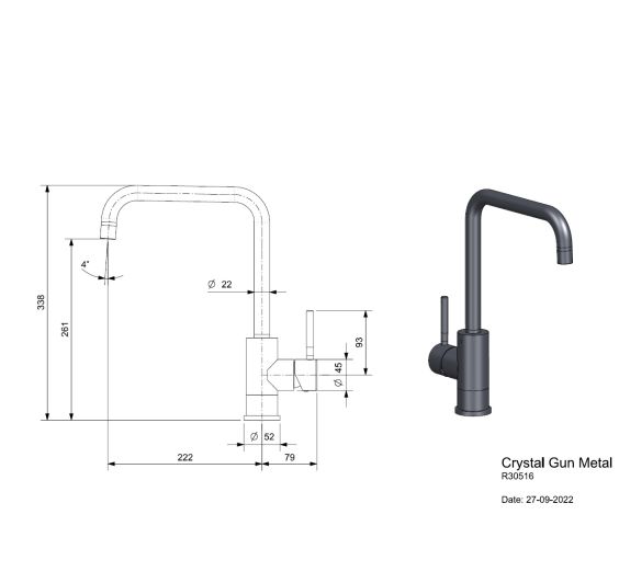 Reginox Crystal Gunmetal Afmetingen
