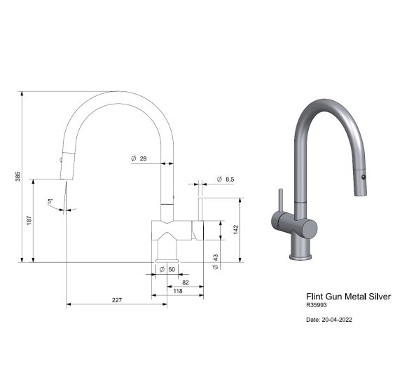 Reginox Flint Gunmetal Silver Afmetingen
