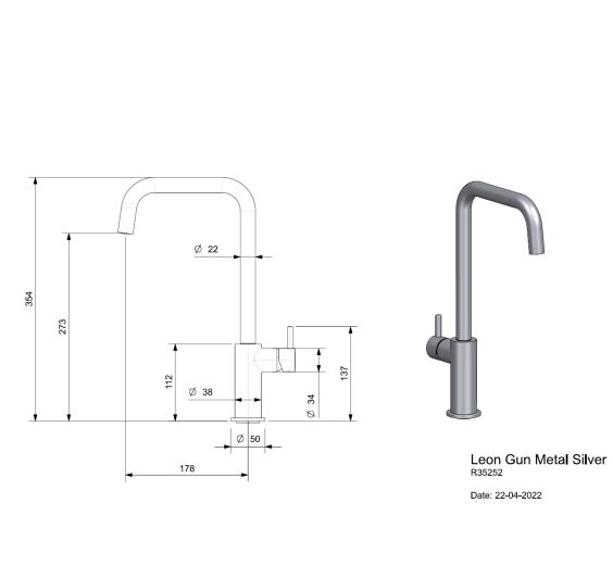 Reginox Leon Gunmetal Silver Afmetingen