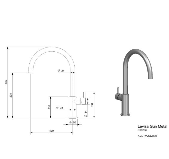 Reginox Levisa Gunmetal Silver Afmetingen