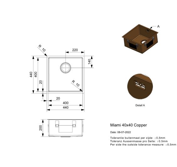 Reginox Miami 40x40 Copper Afmetingen