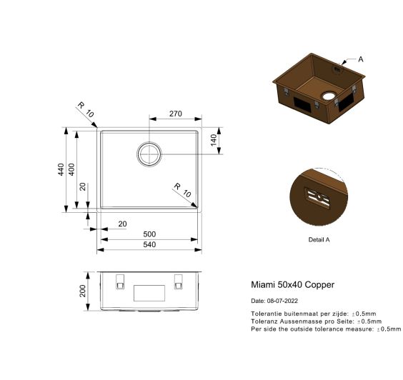 Reginox Miami 50x40 Copper Afmetingen