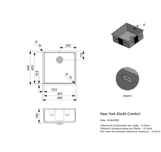 Reginox New York 40x40 Rvs Afmetingen