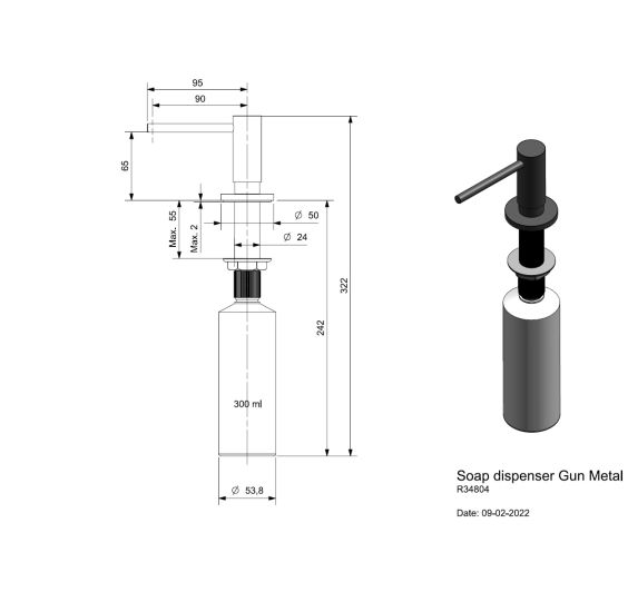 Reginox Zeepdispenser Gunmetal Afmetingen