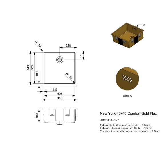 Reginox New York 40x40 Gold Flax Rvs Afmetingen
