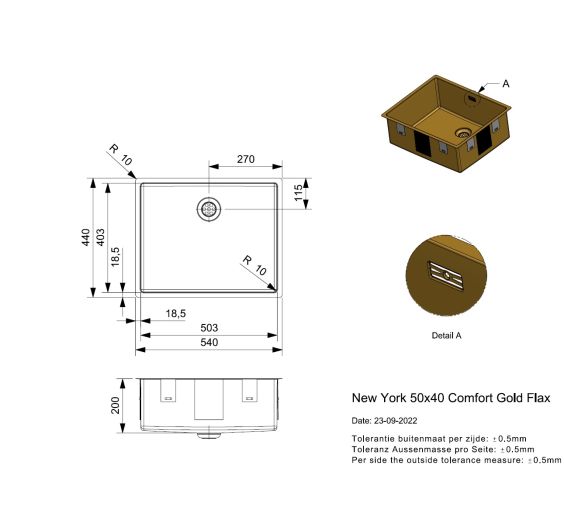 Reginox New York 50x40 Gold Flax Rvs Afmetingen